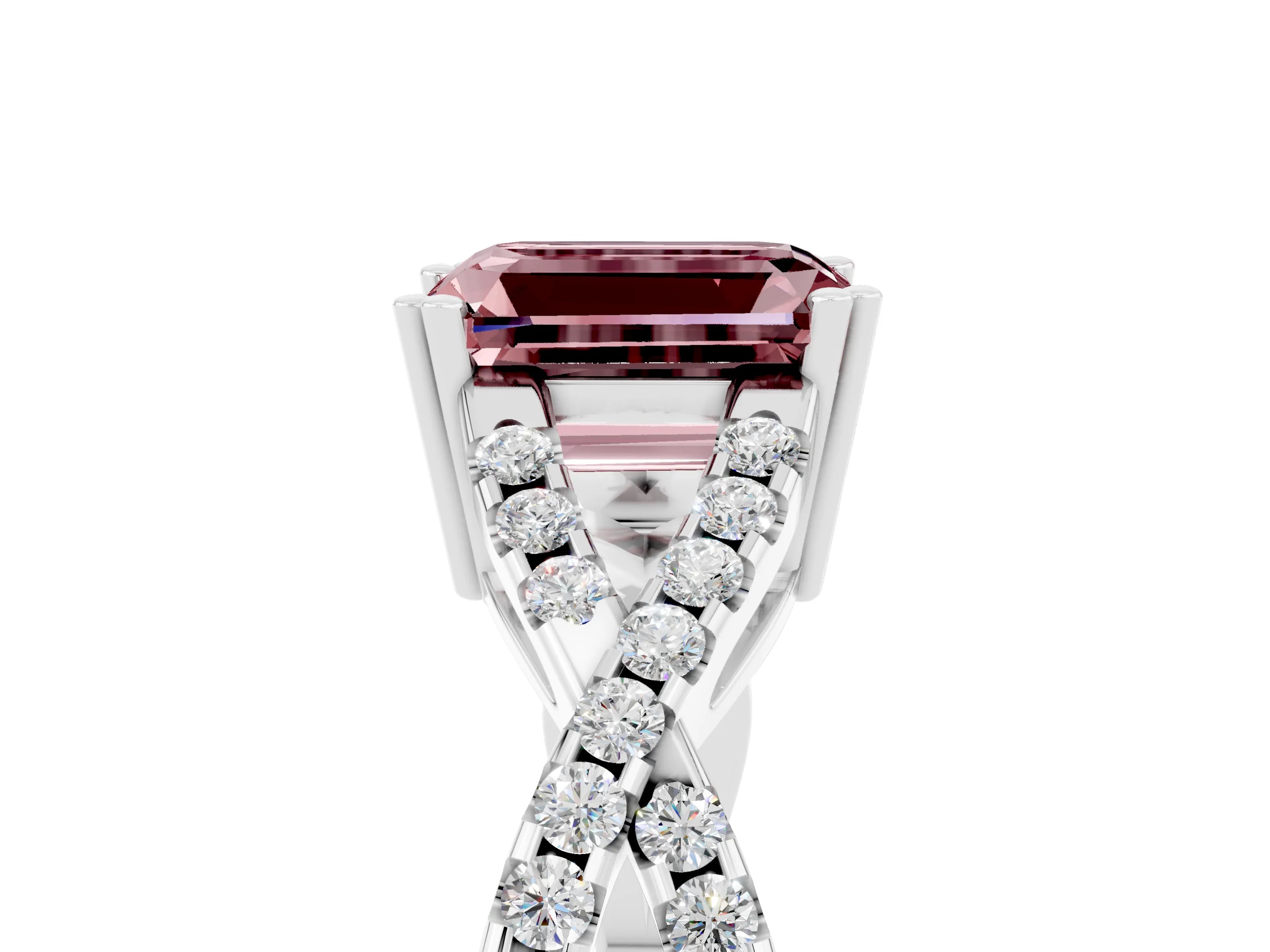 White gold Emerald Cut Morganite Solitaire Ring with Four-Prong Setting and Twisted Pavé Band_5