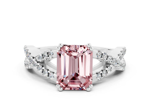 White gold Emerald Cut Morganite Solitaire Ring with Four-Prong Setting and Twisted Pavé Band