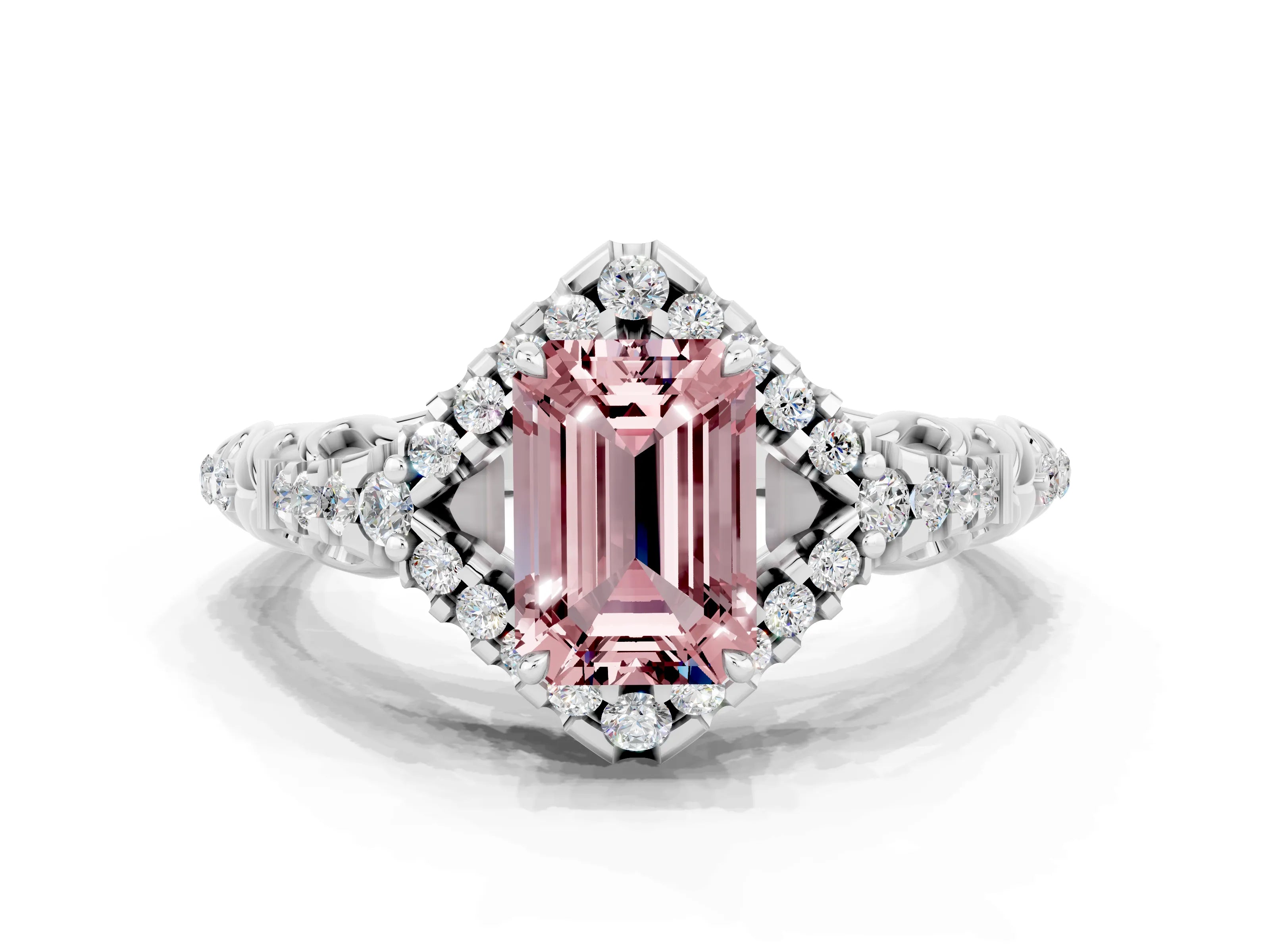 White gold Emerald Cut Morganite Solitaire Ring with Hidden Halo and Pavé Band_12