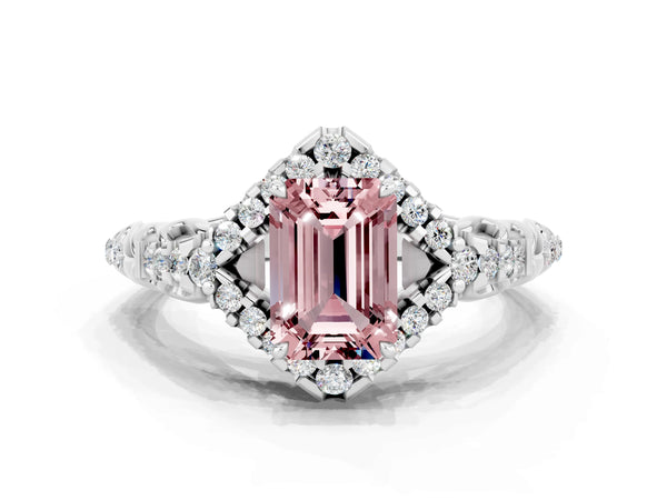 Platinum Emerald Cut Morganite Solitaire Ring with Hidden Halo and Pavé Band