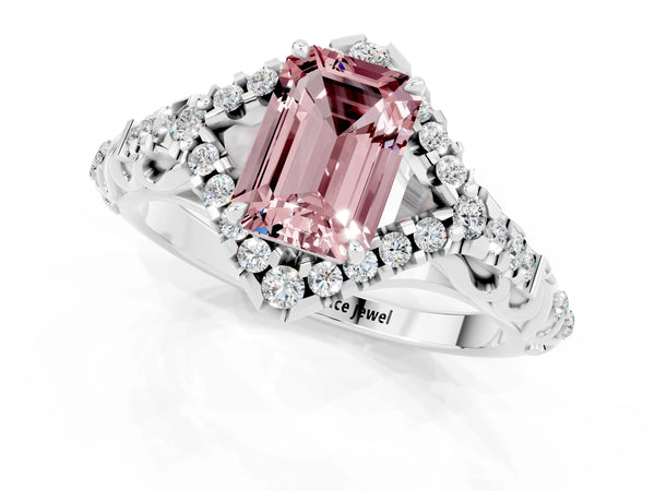 White gold Emerald Cut Morganite Solitaire Ring with Hidden Halo and Pavé Band