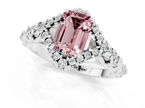 White gold Emerald Cut Morganite Solitaire Ring with Hidden Halo and Pavé Band_13