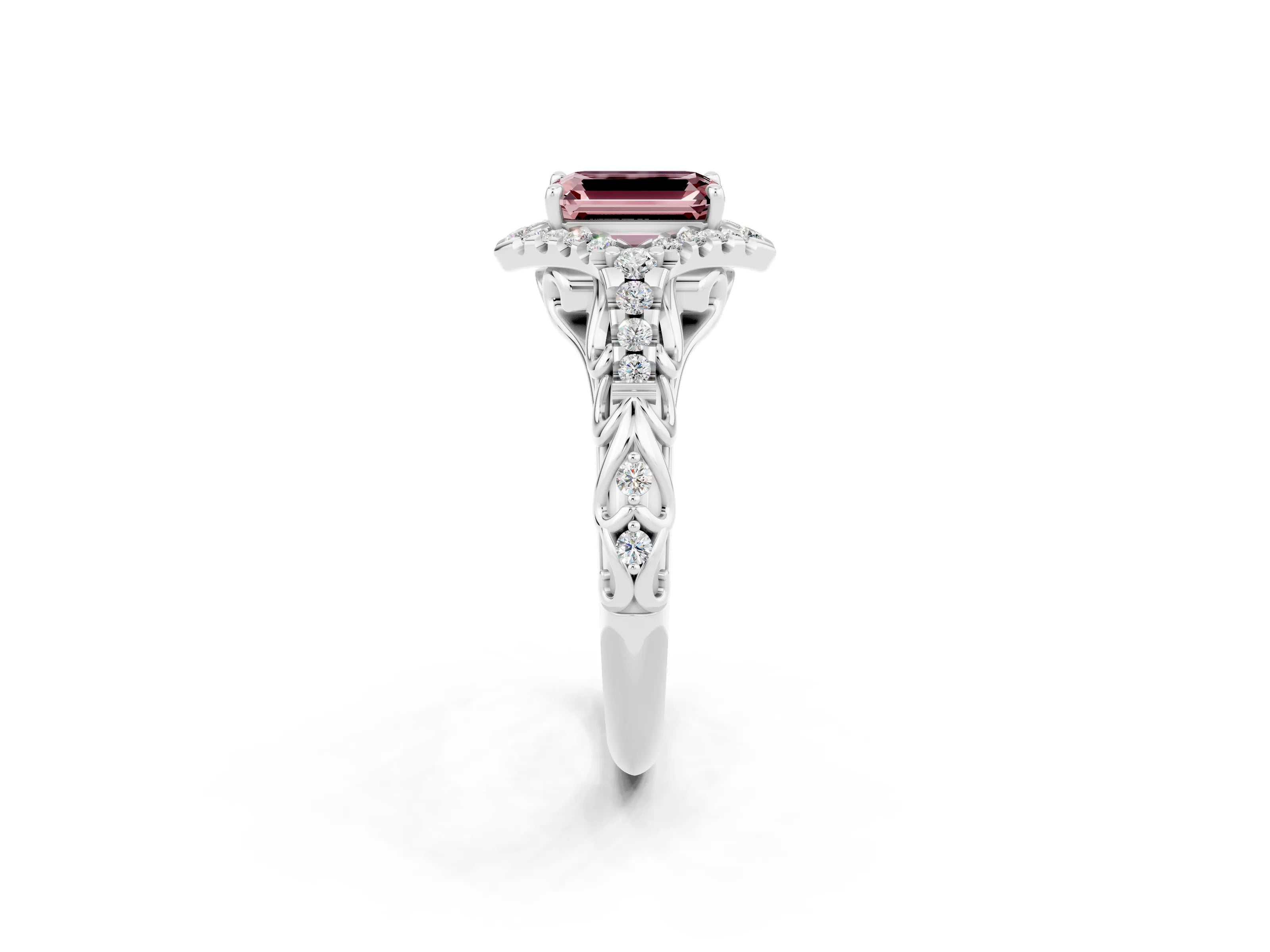White gold Emerald Cut Morganite Solitaire Ring with Hidden Halo and Pavé Band_14