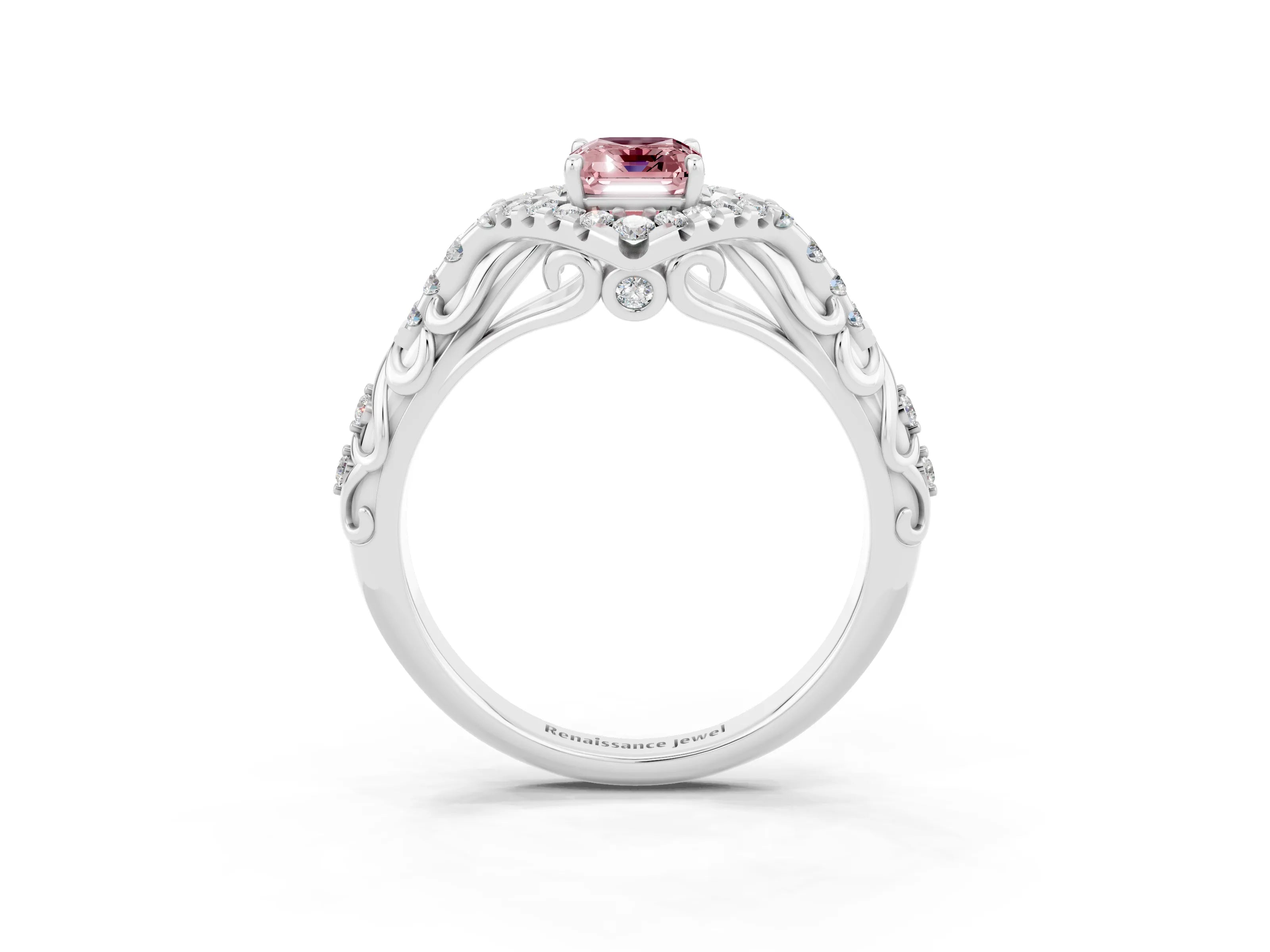 White gold Emerald Cut Morganite Solitaire Ring with Hidden Halo and Pavé Band_15