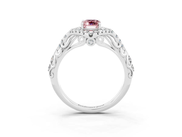 White gold Emerald Cut Morganite Solitaire Ring with Hidden Halo and Pavé Band