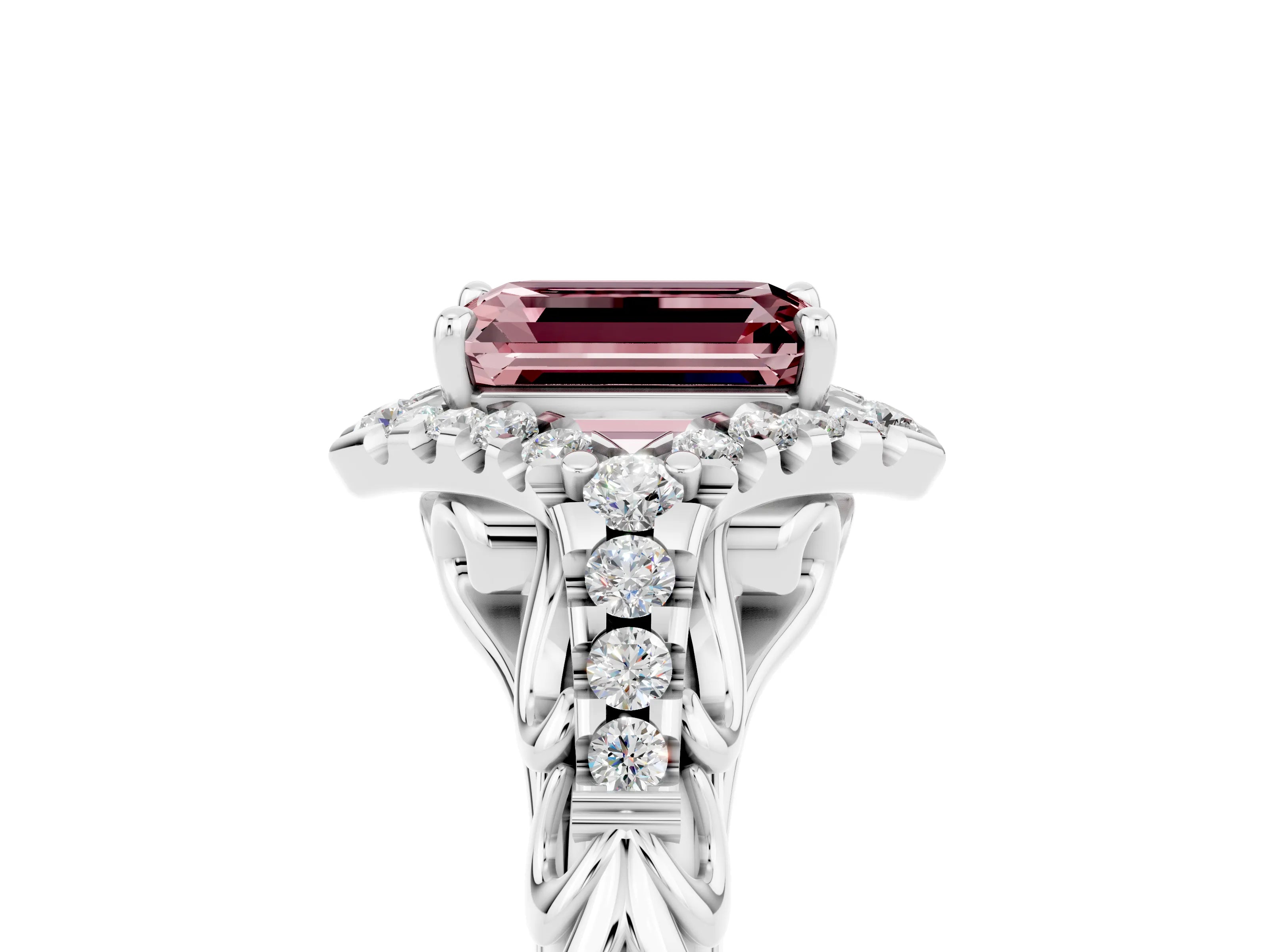 White gold Emerald Cut Morganite Solitaire Ring with Hidden Halo and Pavé Band_17