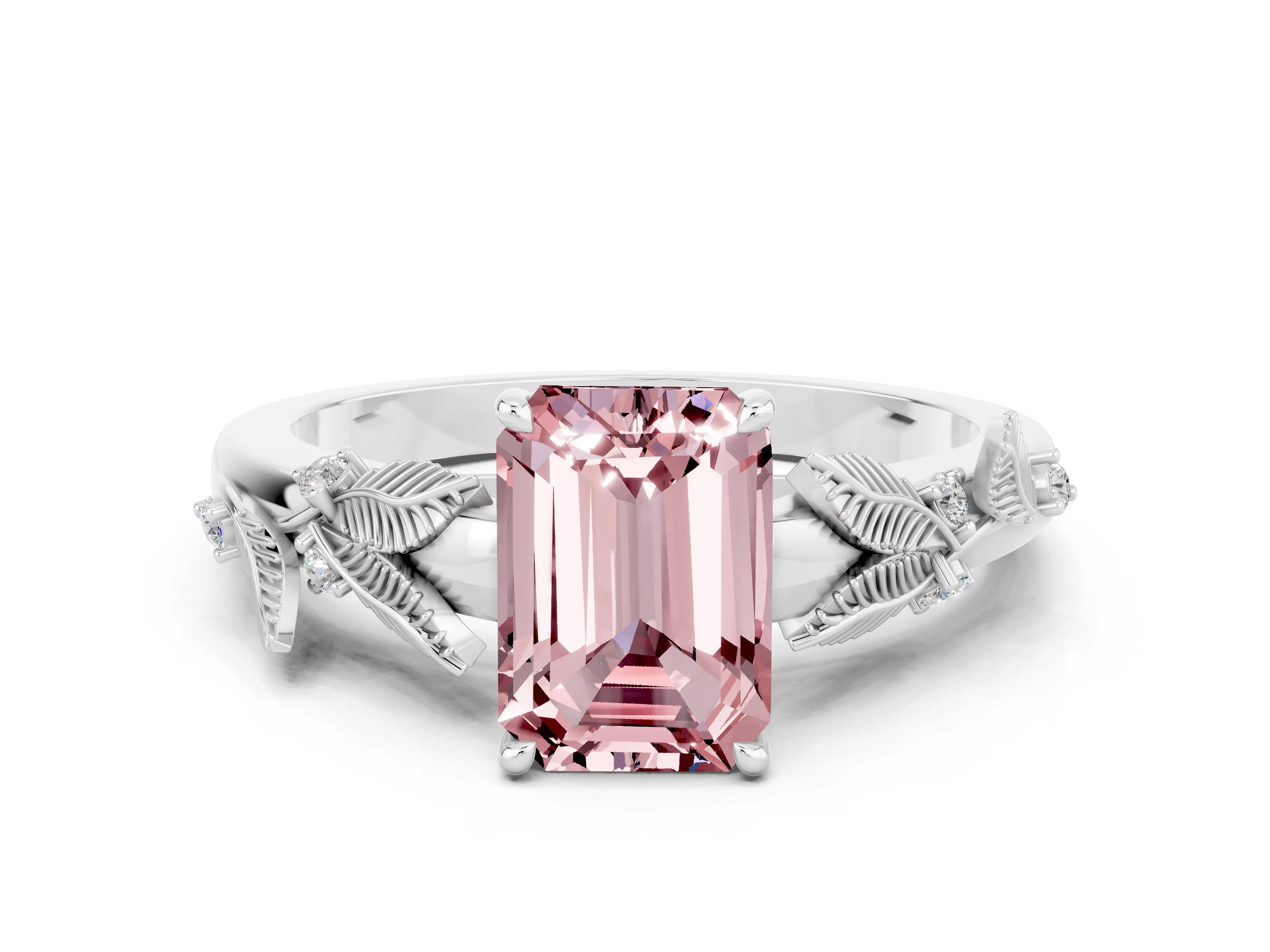 White gold Emerald Cut Morganite Solitaire Ring with Leaf Motif Band and Four-Prong Setting