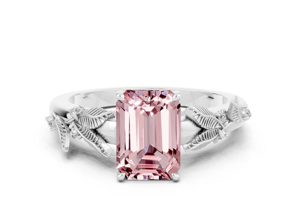 White gold Emerald Cut Morganite Solitaire Ring with Leaf Motif Band and Four-Prong Setting