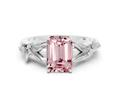 White gold Emerald Cut Morganite Solitaire Ring with Leaf Motif Band and Four-Prong Setting_12