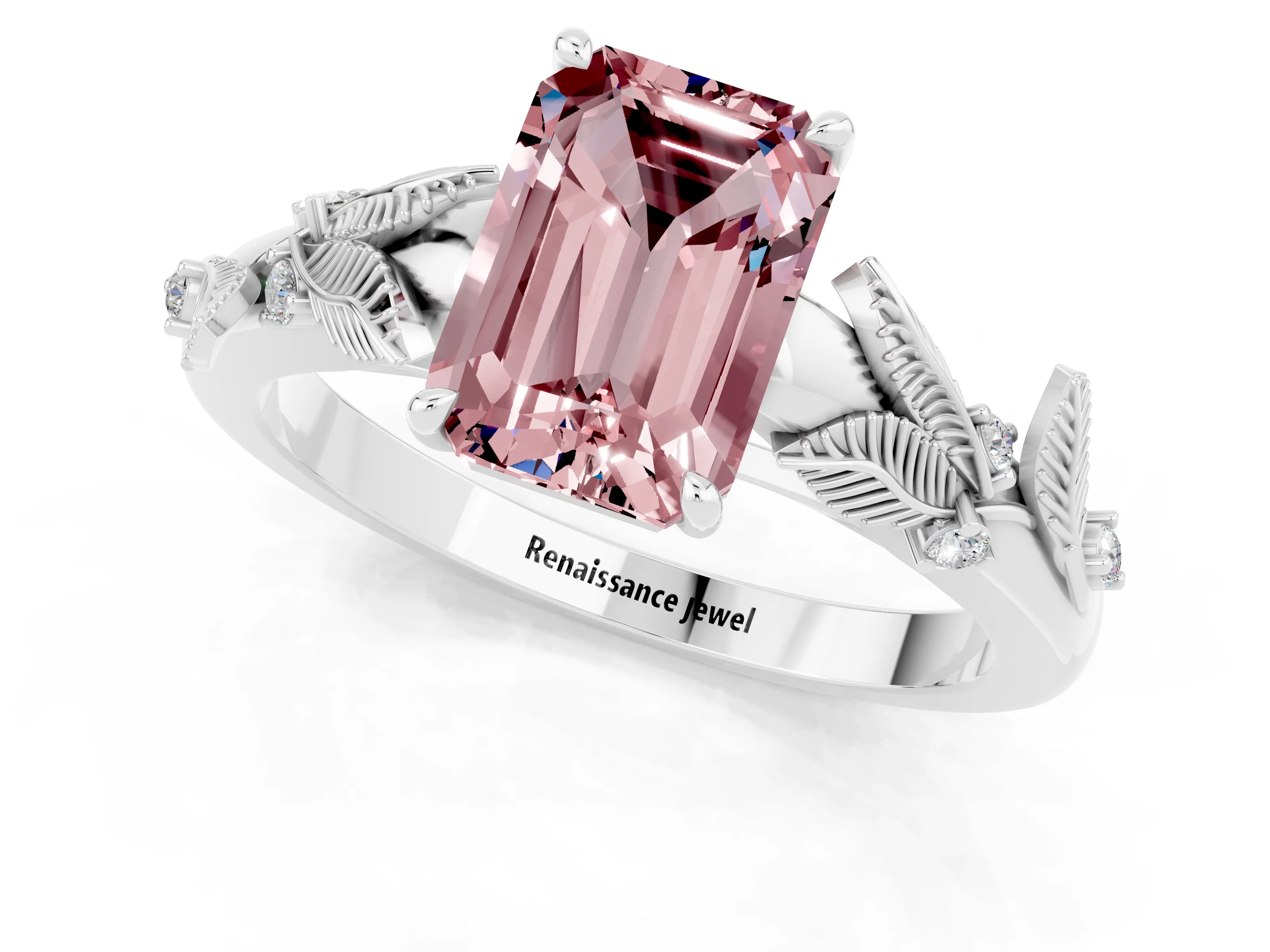 White gold Emerald Cut Morganite Solitaire Ring with Leaf Motif Band and Four-Prong Setting_13