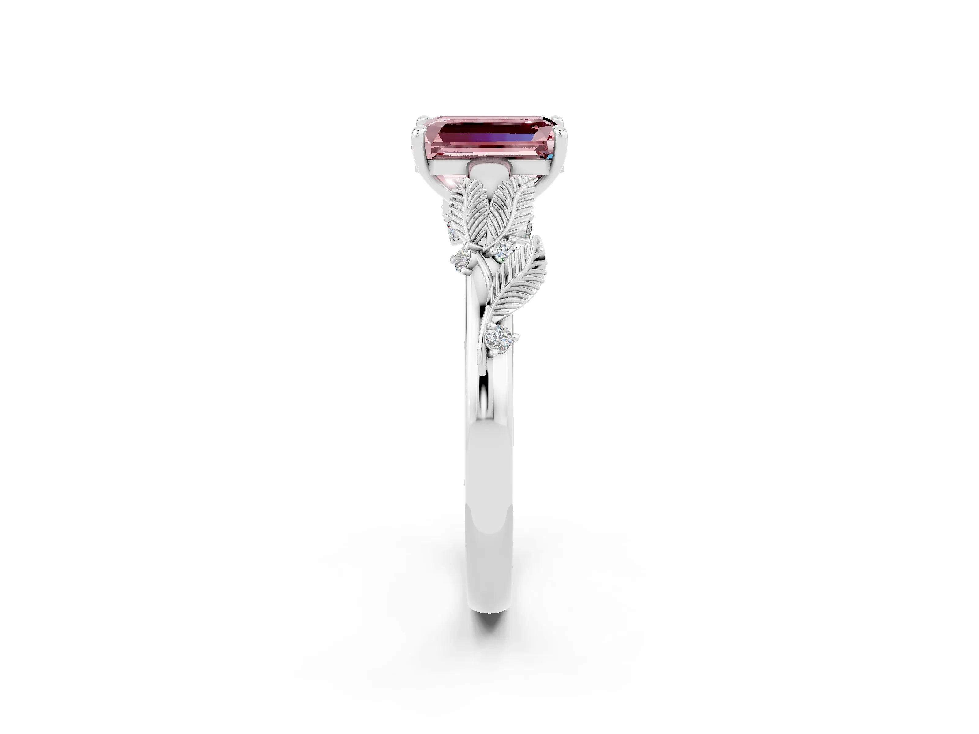 White gold Emerald Cut Morganite Solitaire Ring with Leaf Motif Band and Four-Prong Setting_14