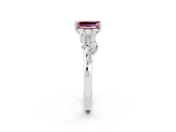 White gold Emerald Cut Morganite Solitaire Ring with Leaf Motif Band and Four-Prong Setting