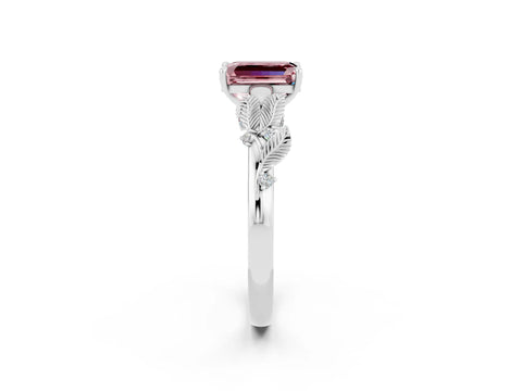 White gold Emerald Cut Morganite Solitaire Ring with Leaf Motif Band and Four-Prong Setting_14