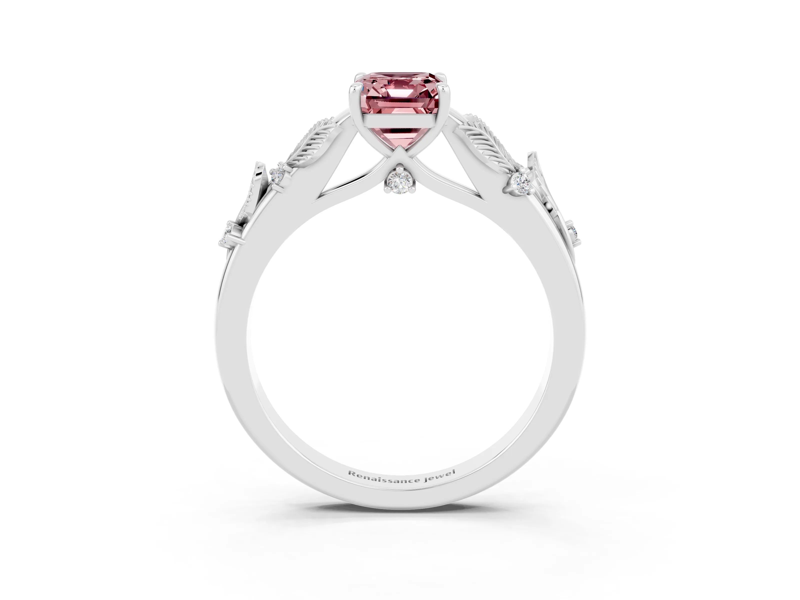 White gold Emerald Cut Morganite Solitaire Ring with Leaf Motif Band and Four-Prong Setting_3