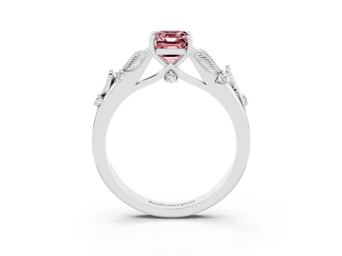 White gold Emerald Cut Morganite Solitaire Ring with Leaf Motif Band and Four-Prong Setting_3