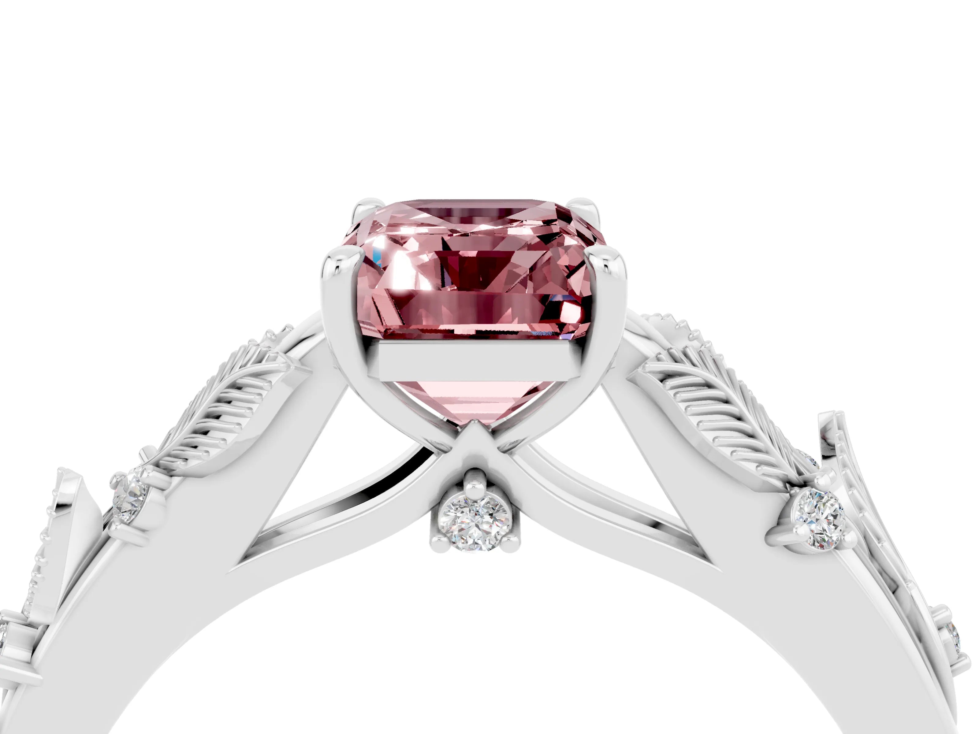 White gold Emerald Cut Morganite Solitaire Ring with Leaf Motif Band and Four-Prong Setting_4