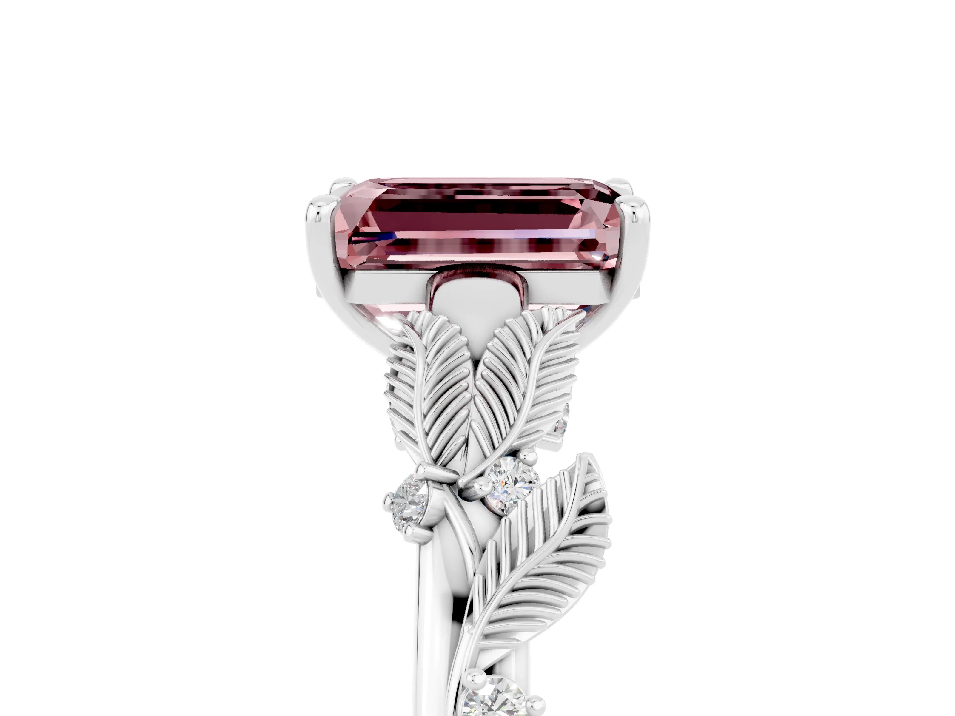 White gold Emerald Cut Morganite Solitaire Ring with Leaf Motif Band and Four-Prong Setting_5