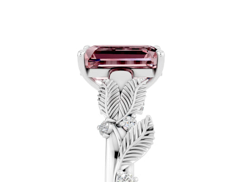 White gold Emerald Cut Morganite Solitaire Ring with Leaf Motif Band and Four-Prong Setting_5