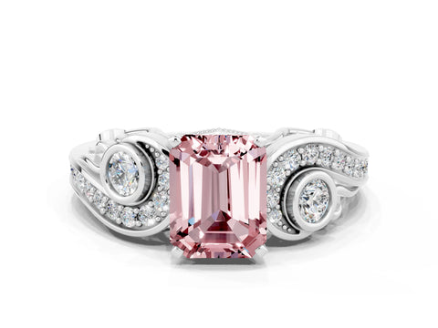 White gold Emerald Cut Morganite Solitaire Ring with Milgrain Pavé Band and Four-Prong Setting_12