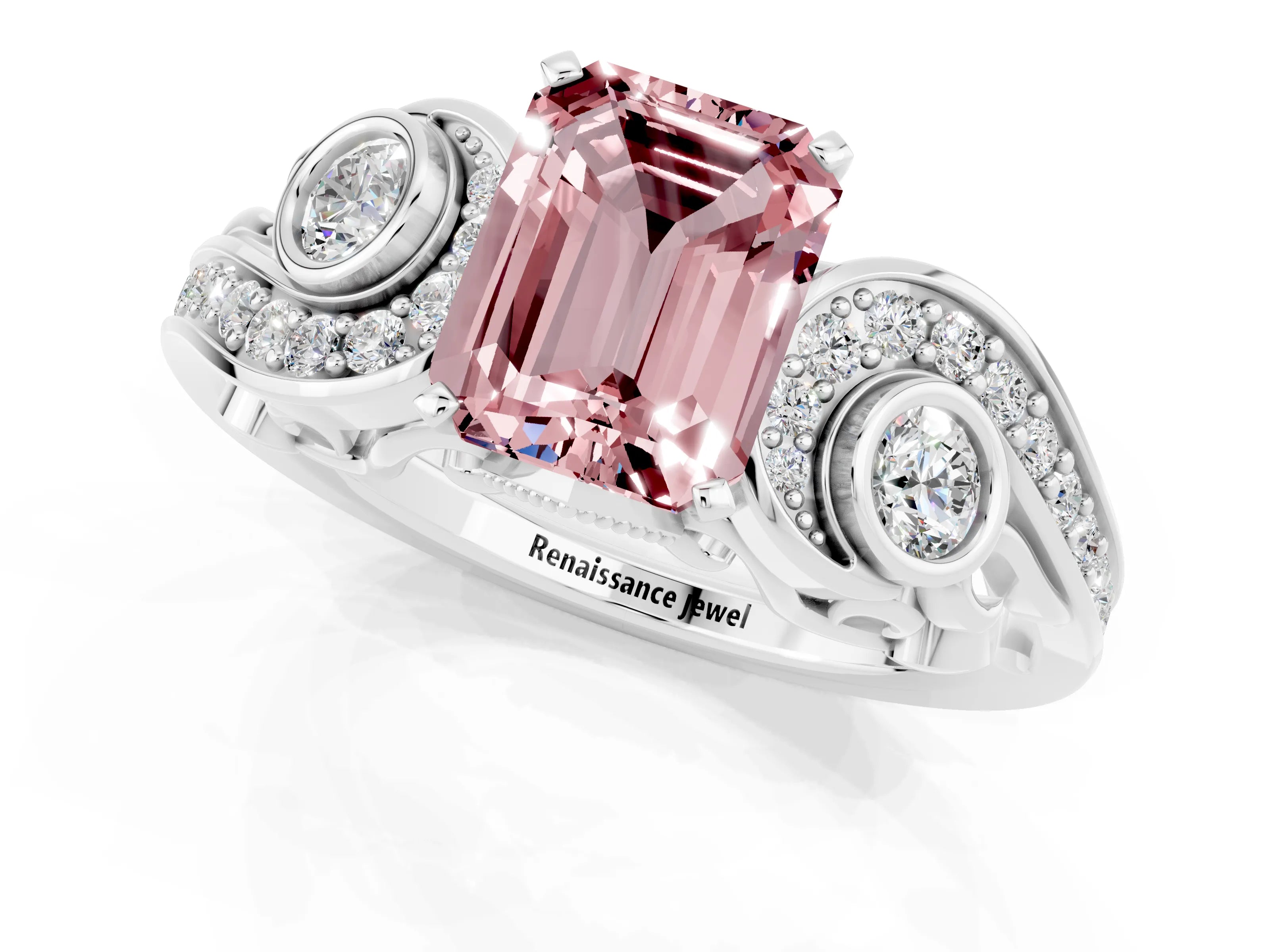 White gold Emerald Cut Morganite Solitaire Ring with Milgrain Pavé Band and Four-Prong Setting_13
