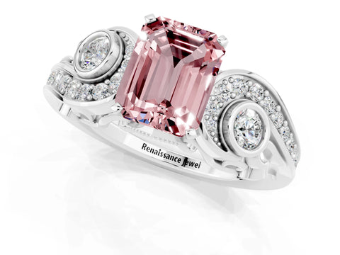 White gold Emerald Cut Morganite Solitaire Ring with Milgrain Pavé Band and Four-Prong Setting_13
