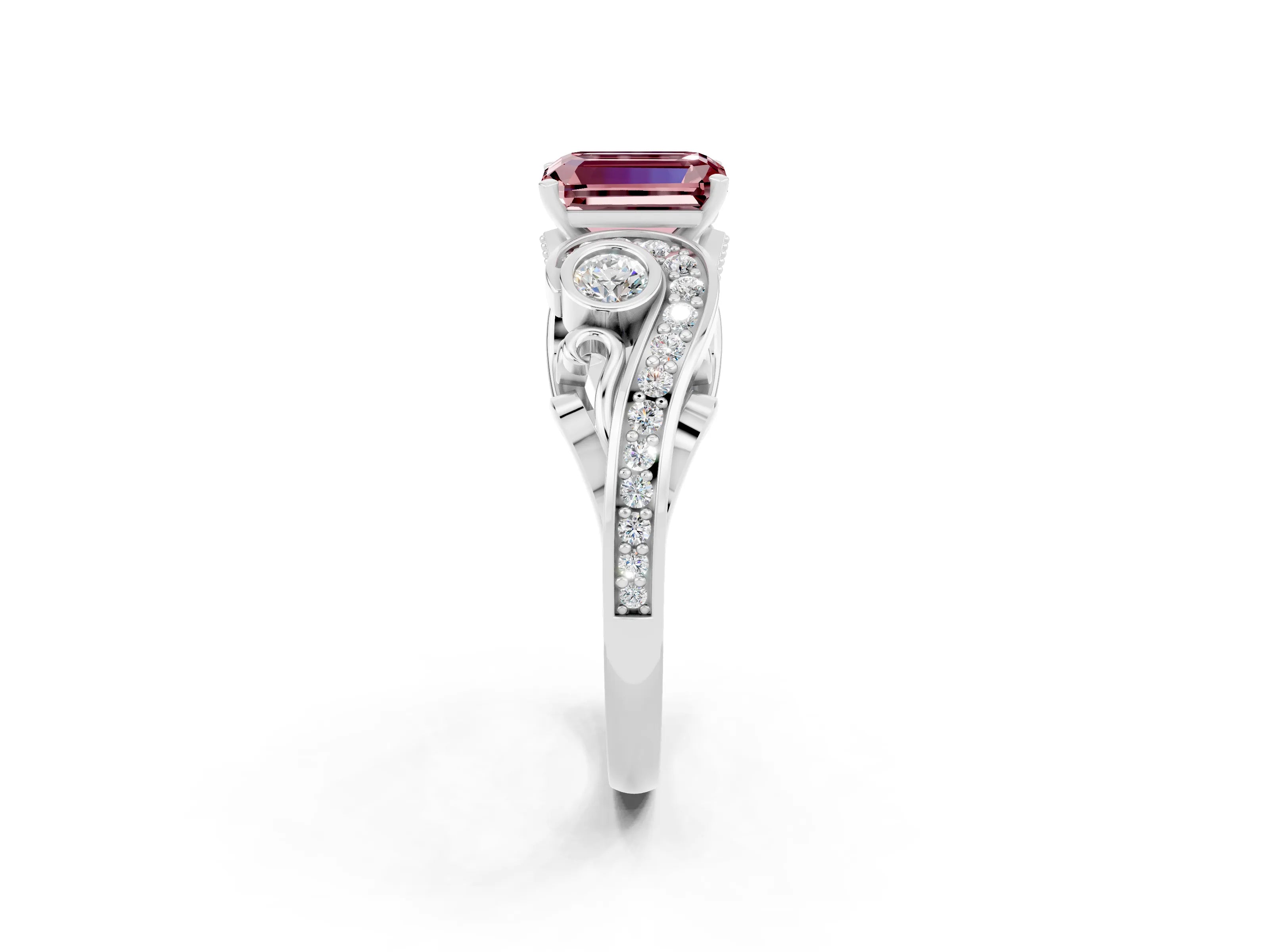 White gold Emerald Cut Morganite Solitaire Ring with Milgrain Pavé Band and Four-Prong Setting_14