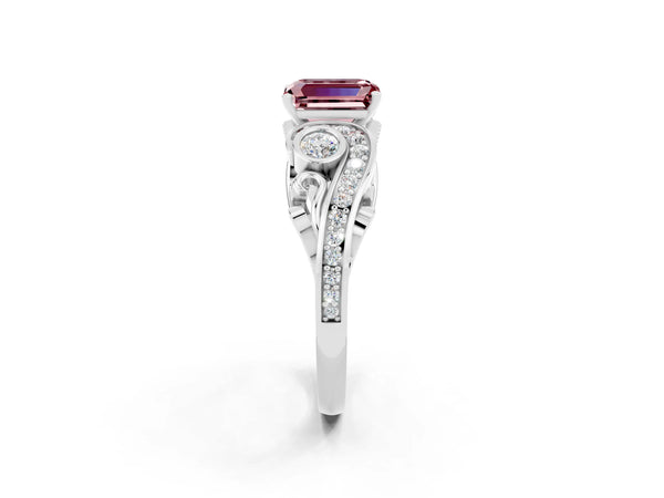 Silver Emerald Cut Morganite Solitaire Ring with Milgrain Pavé Band and Four-Prong Setting
