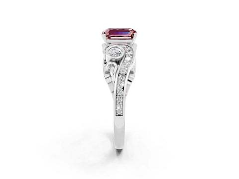 White gold Emerald Cut Morganite Solitaire Ring with Milgrain Pavé Band and Four-Prong Setting_14