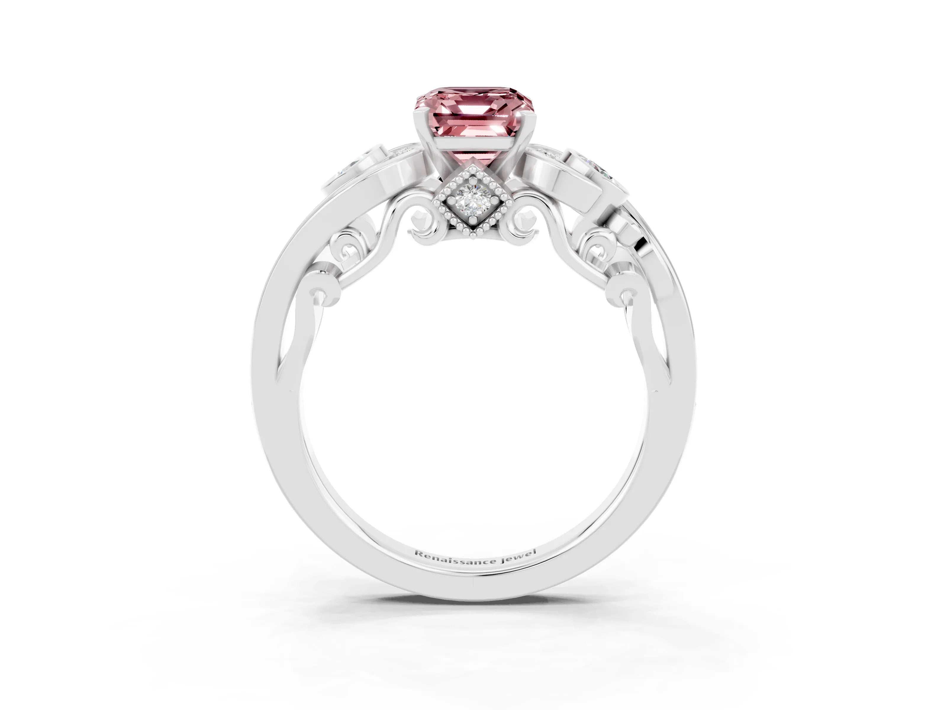 White gold Emerald Cut Morganite Solitaire Ring with Milgrain Pavé Band and Four-Prong Setting_15