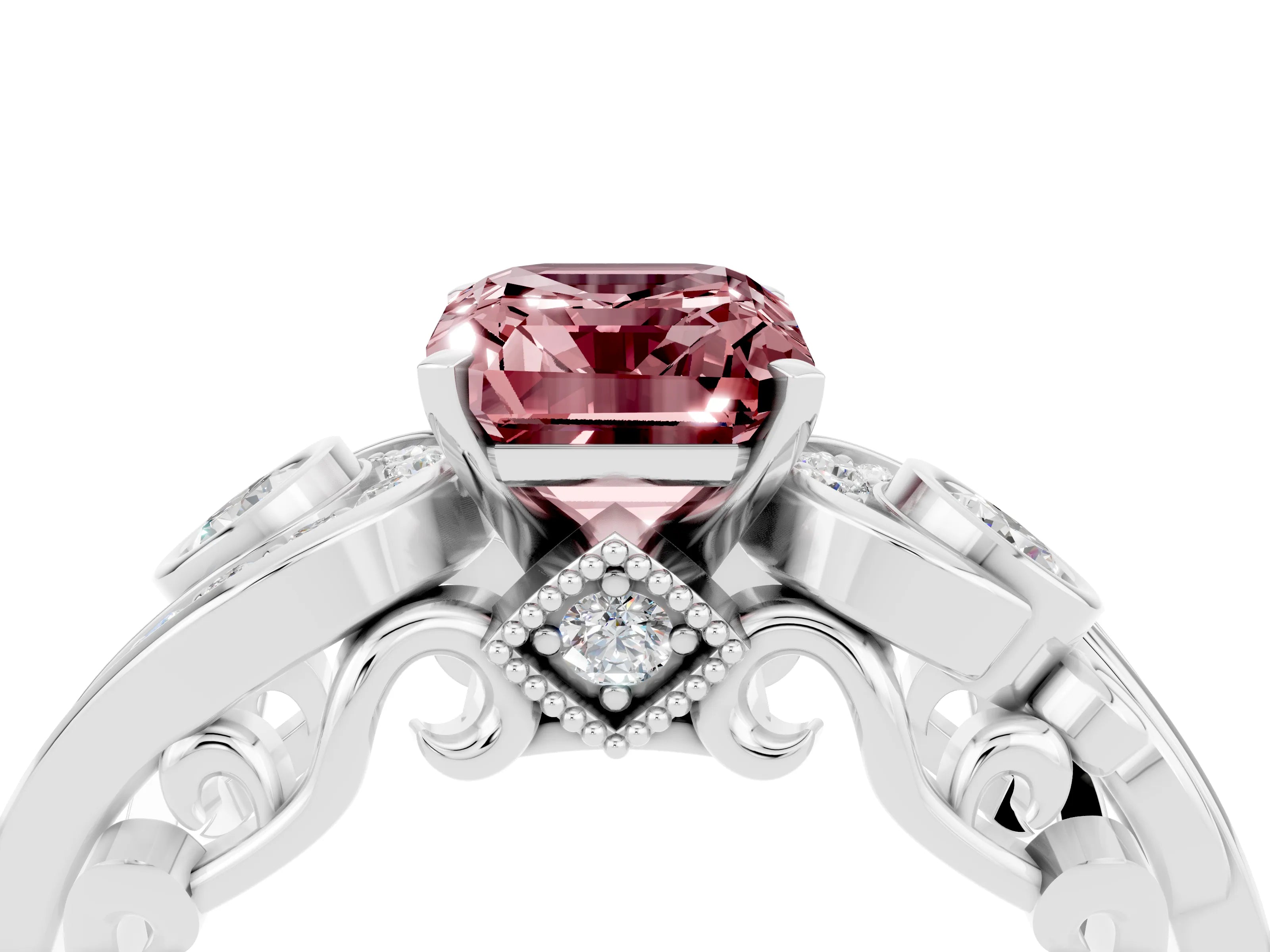 White gold Emerald Cut Morganite Solitaire Ring with Milgrain Pavé Band and Four-Prong Setting_16