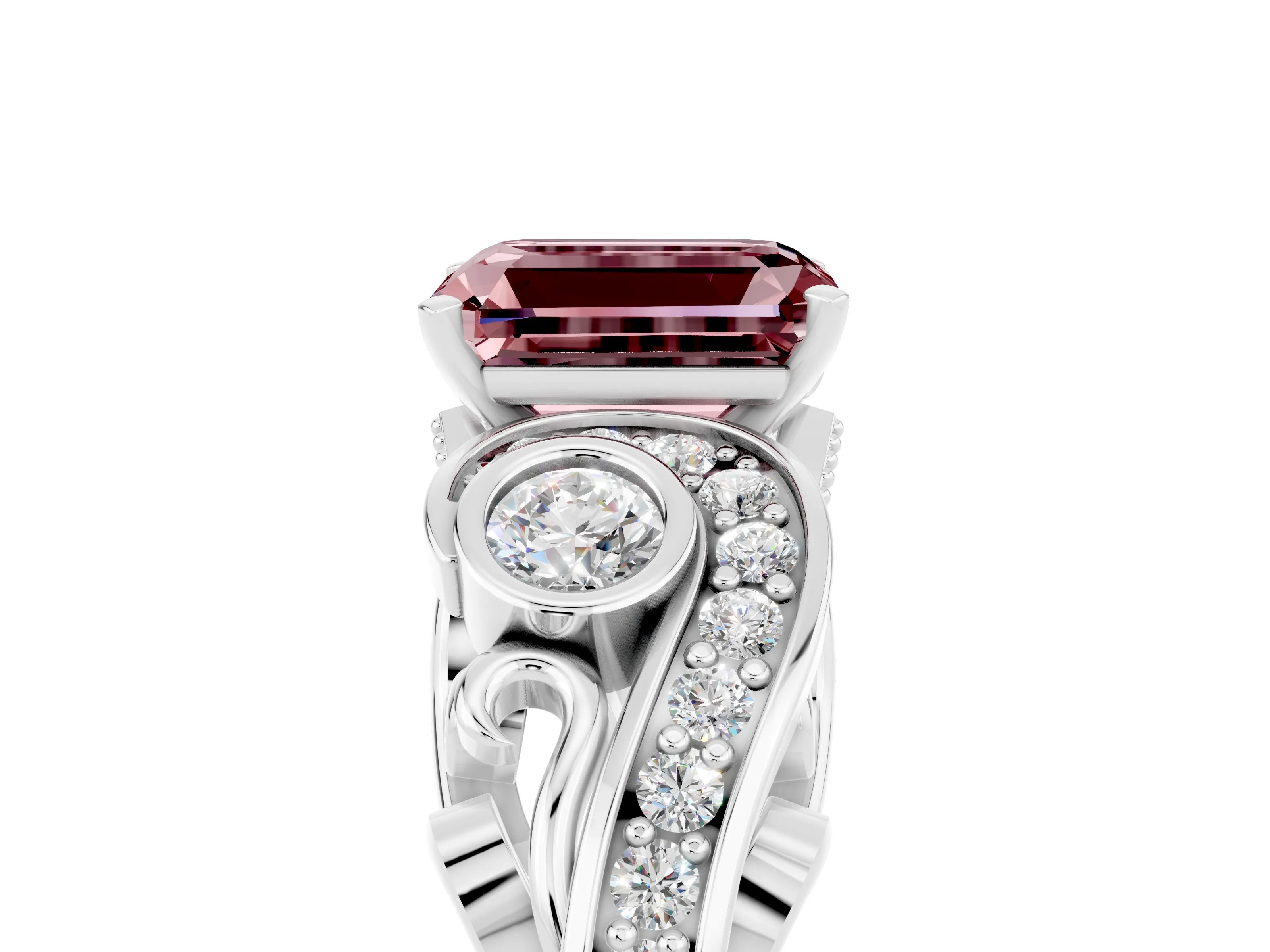 White gold Emerald Cut Morganite Solitaire Ring with Milgrain Pavé Band and Four-Prong Setting_17