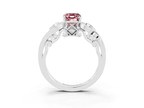 White gold Emerald Cut Morganite Solitaire Ring with Milgrain Pavé Band and Four-Prong Setting_51