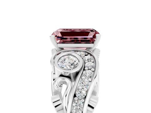 White gold Emerald Cut Morganite Solitaire Ring with Milgrain Pavé Band and Four-Prong Setting_53
