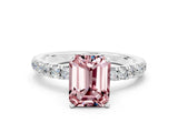 White gold Emerald Cut Morganite Solitaire Ring with Pavé Accents and Four-Prong Setting