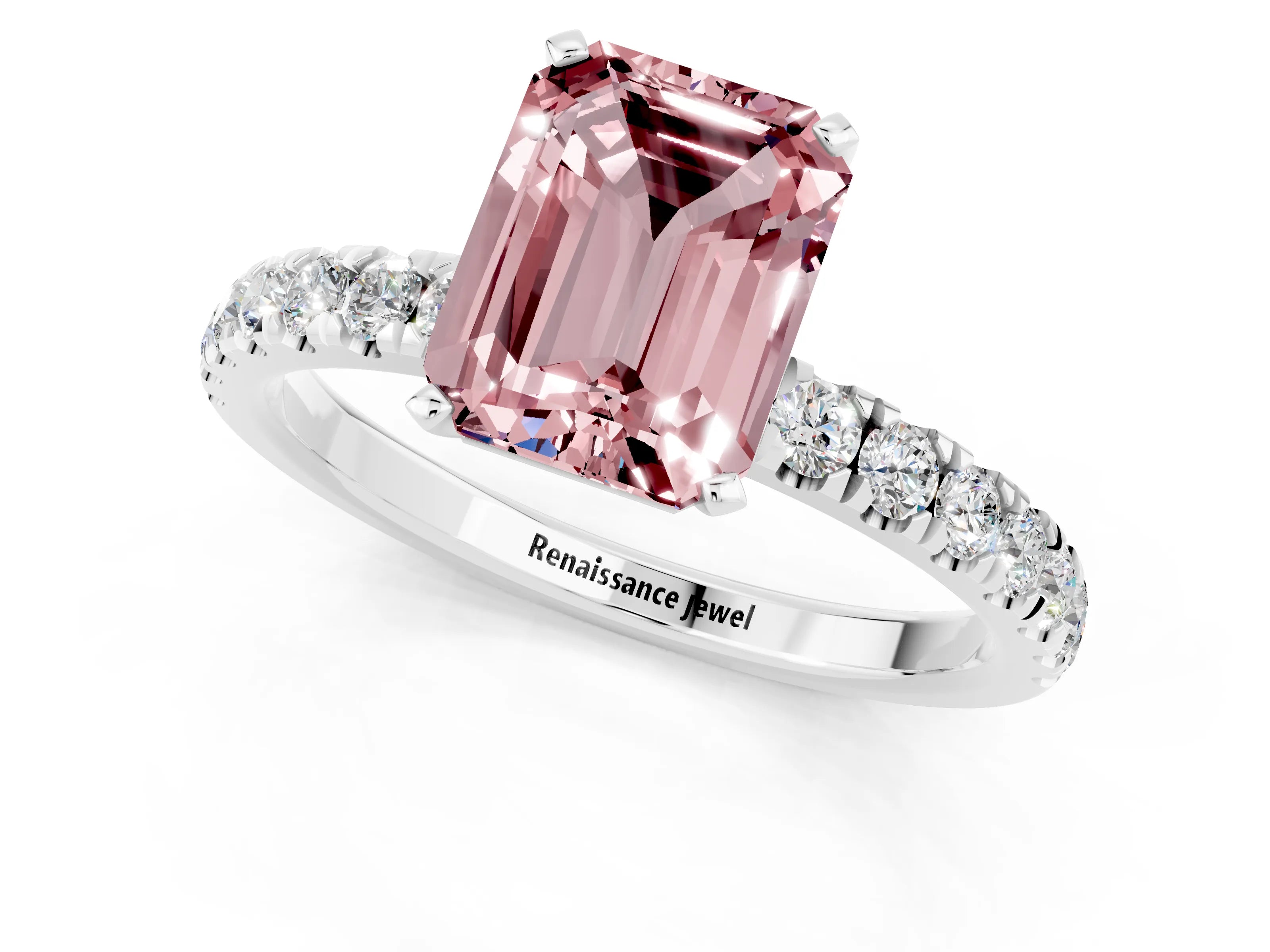 White gold Emerald Cut Morganite Solitaire Ring with Pavé Accents and Four-Prong Setting_1