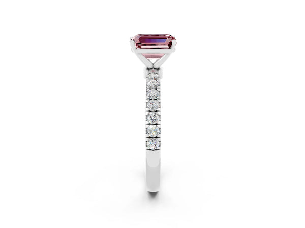 White gold Emerald Cut Morganite Solitaire Ring with Pavé Accents and Four-Prong Setting