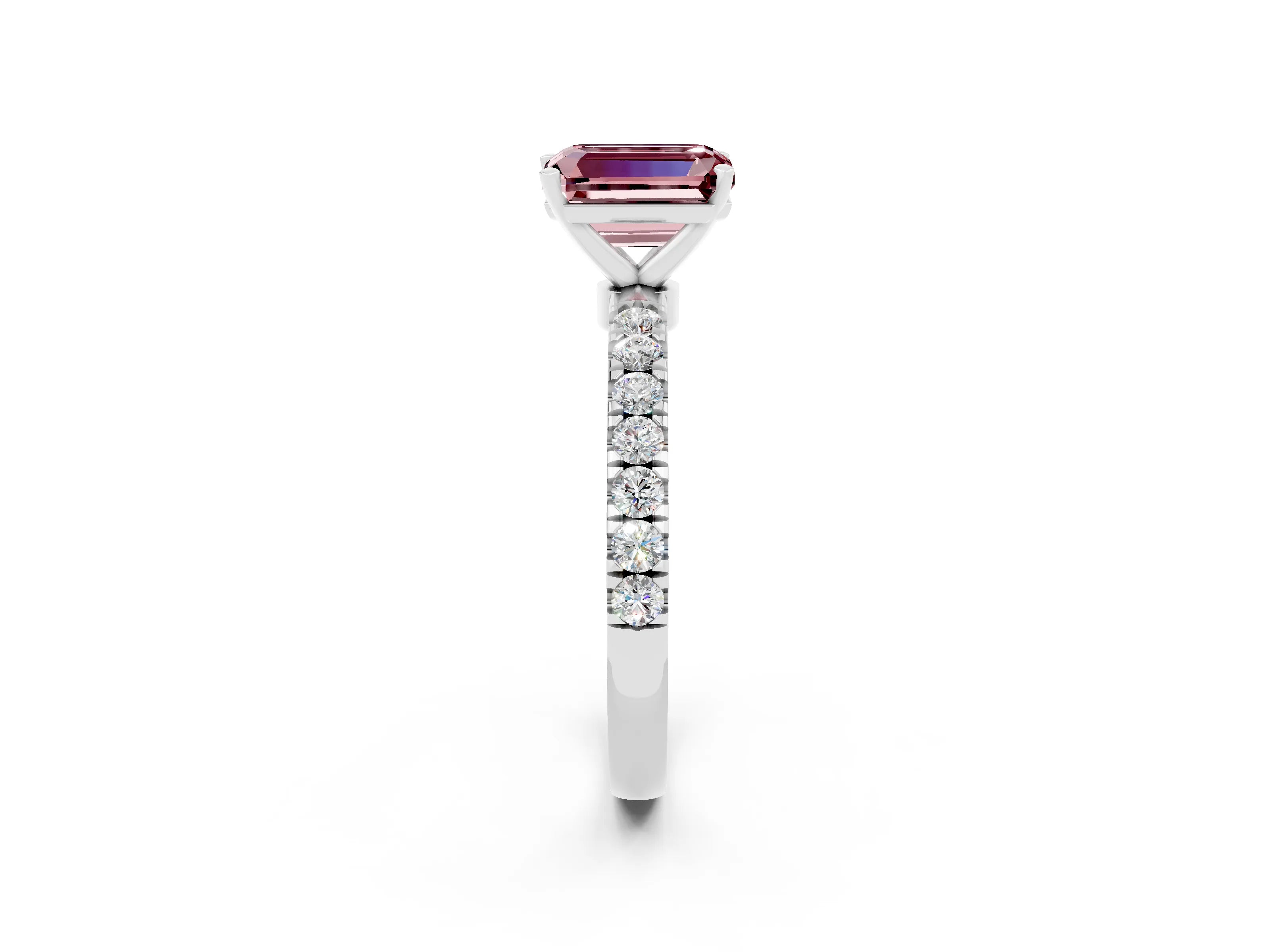 White gold Emerald Cut Morganite Solitaire Ring with Pavé Accents and Four-Prong Setting_2