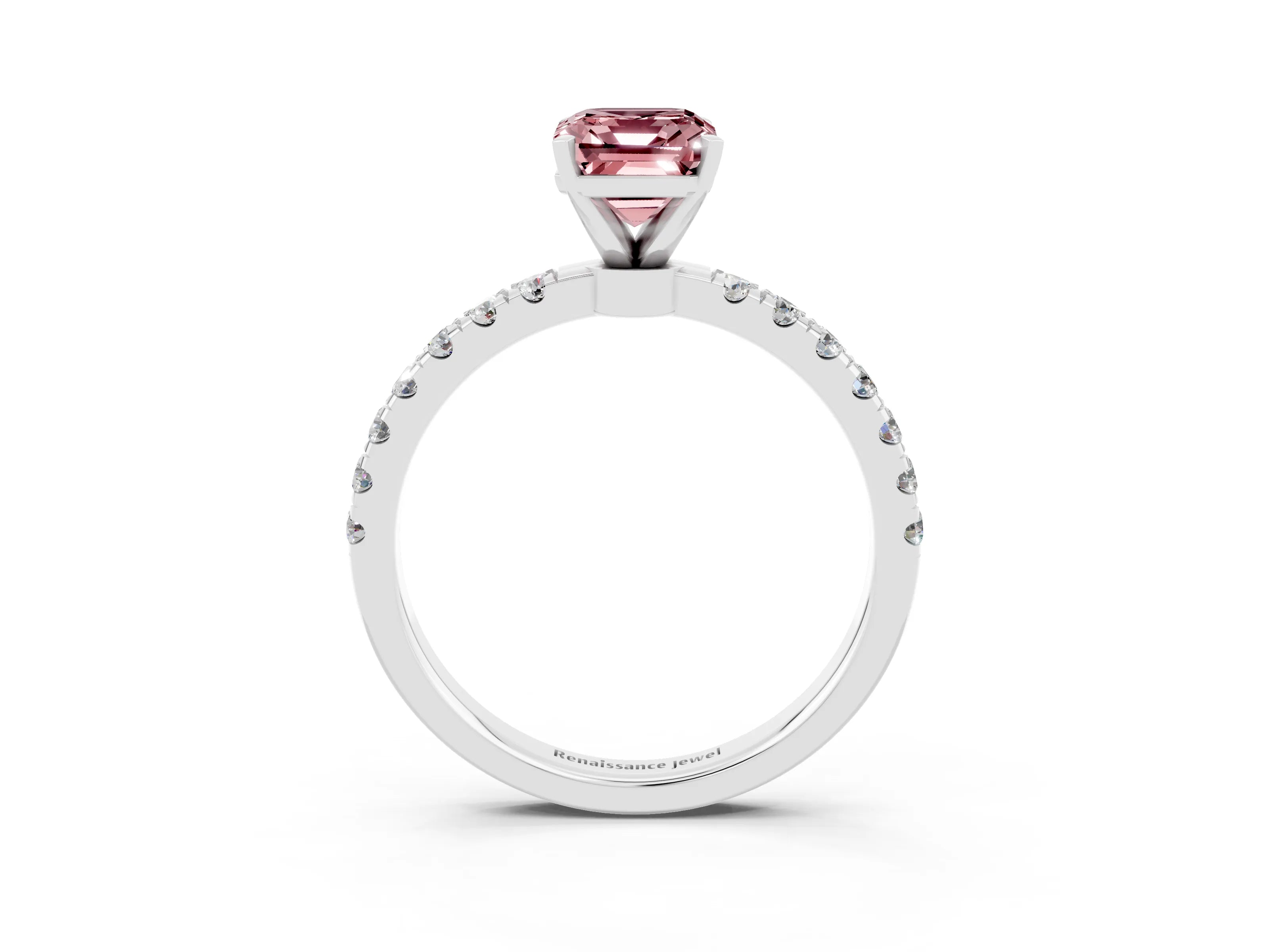 White gold Emerald Cut Morganite Solitaire Ring with Pavé Accents and Four-Prong Setting_3