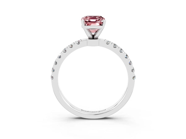 White gold Emerald Cut Morganite Solitaire Ring with Pavé Accents and Four-Prong Setting