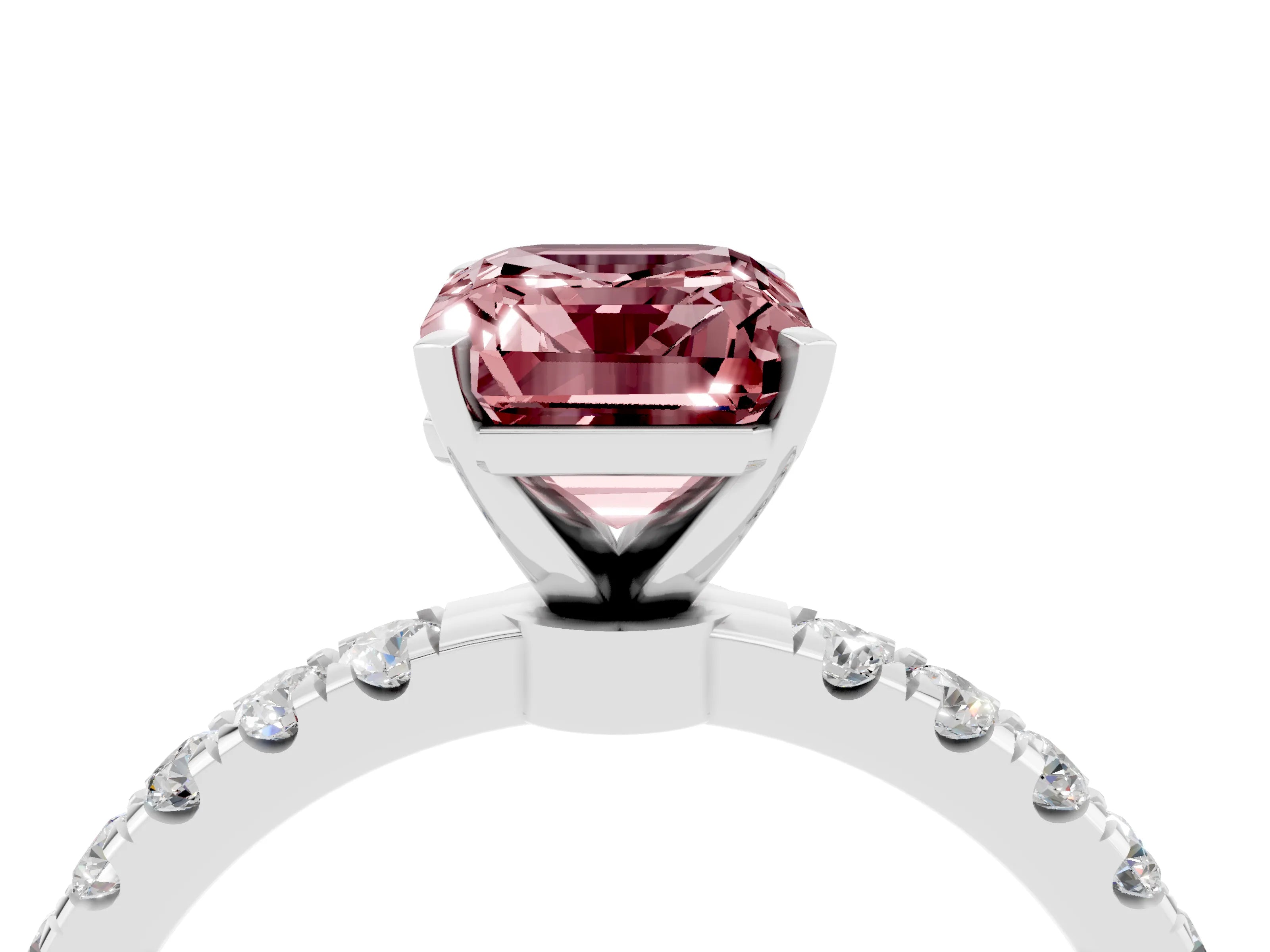 White gold Emerald Cut Morganite Solitaire Ring with Pavé Accents and Four-Prong Setting_4