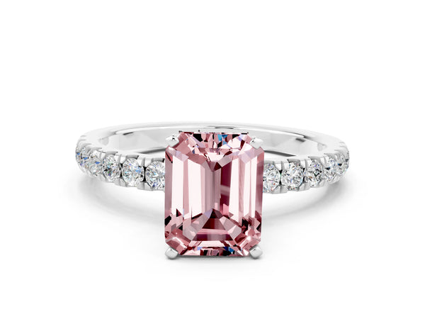 Silver Emerald Cut Morganite Solitaire Ring with Pavé Accents and Four-Prong Setting