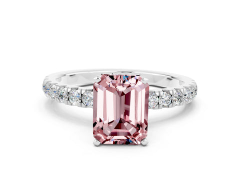 White gold Emerald Cut Morganite Solitaire Ring with Pavé Accents and Four-Prong Setting
