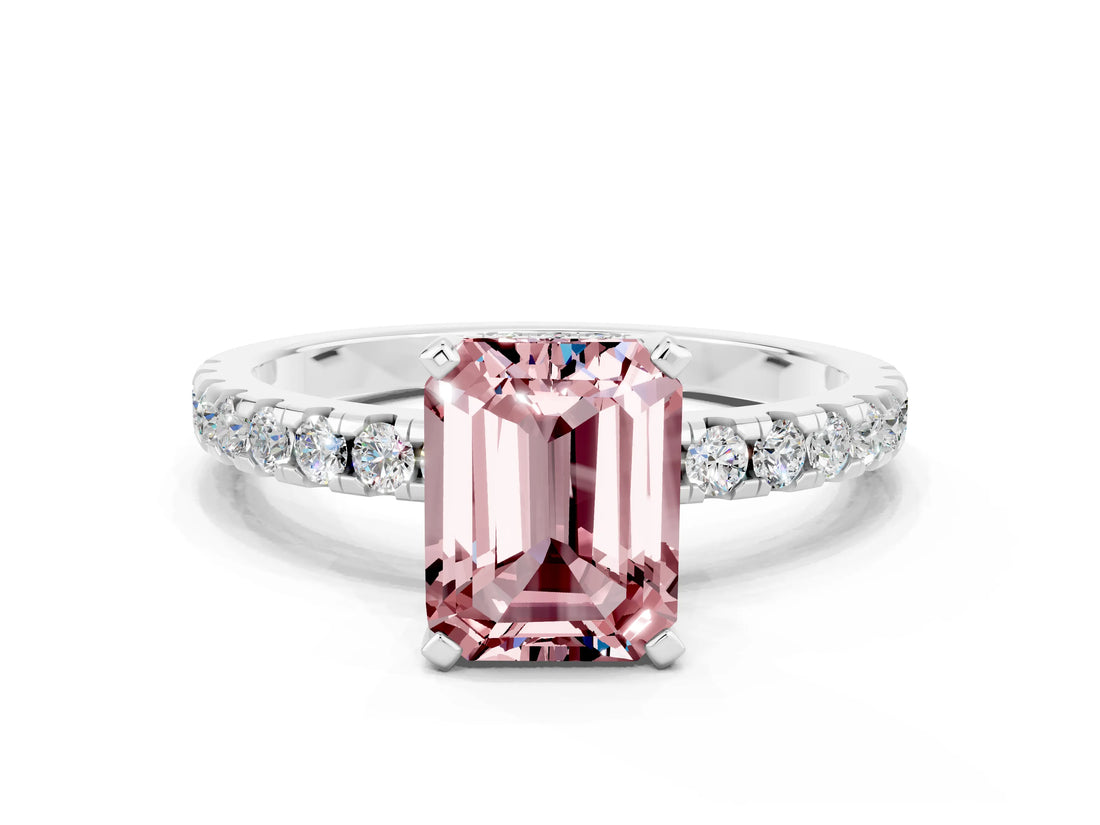 White gold Emerald Cut Morganite Solitaire Ring with Pavé Band and Four-Prong Setting_24