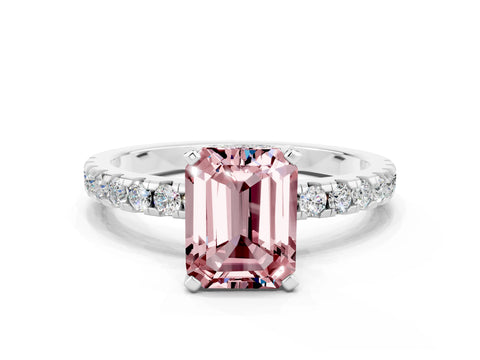 White gold Emerald Cut Morganite Solitaire Ring with Pavé Band and Four-Prong Setting_24