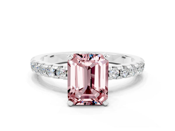White gold Emerald Cut Morganite Solitaire Ring with Round  Pavé Band and Four-Prong Setting