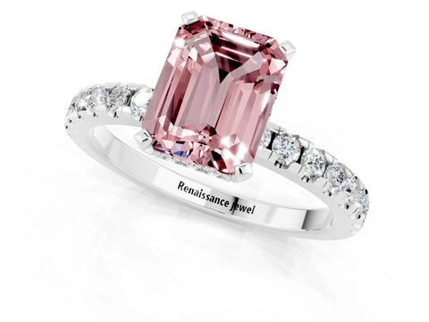 White gold Emerald Cut Morganite Solitaire Ring with Pavé Band and Four-Prong Setting_25