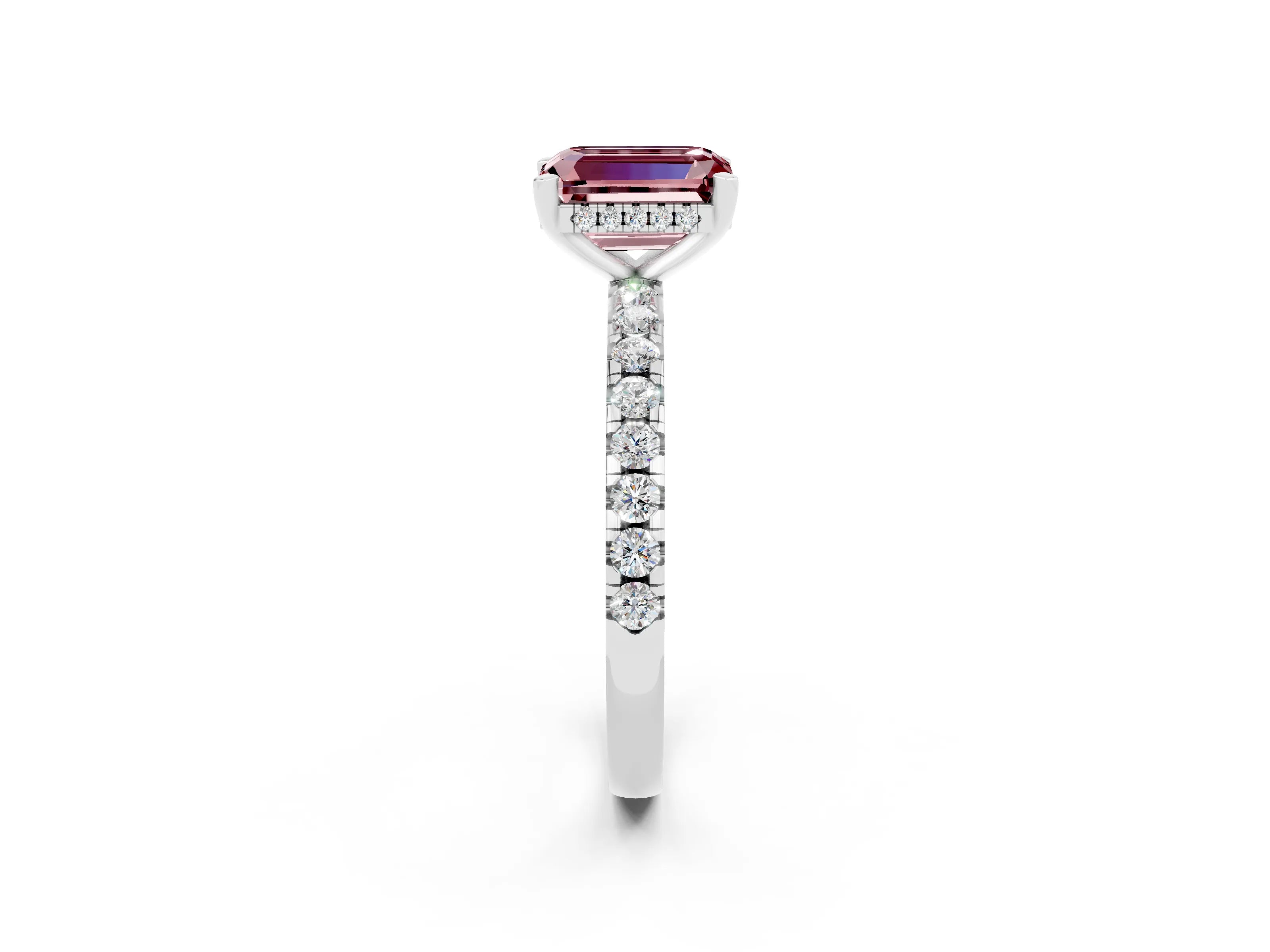 White gold Emerald Cut Morganite Solitaire Ring with Pavé Band and Four-Prong Setting_26