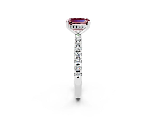 White gold Emerald Cut Morganite Solitaire Ring with Round  Pavé Band and Four-Prong Setting