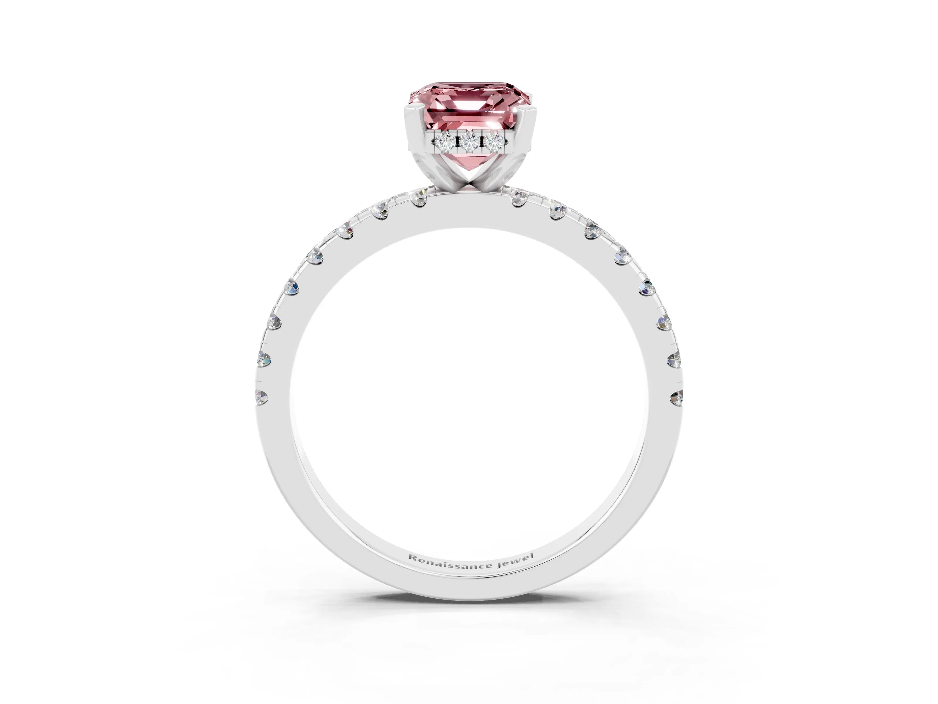 White gold Emerald Cut Morganite Solitaire Ring with Pavé Band and Four-Prong Setting_27