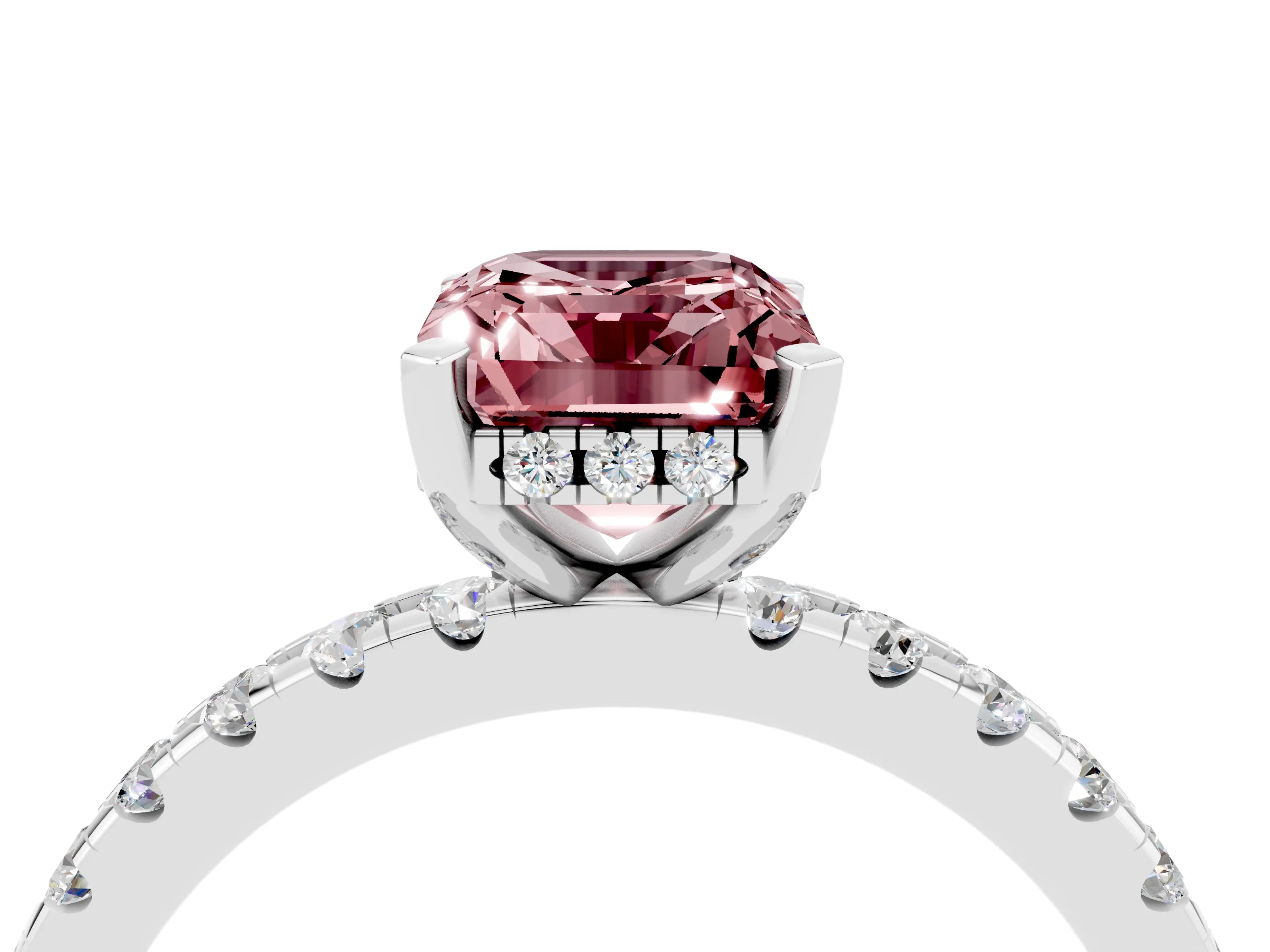 White gold Emerald Cut Morganite Solitaire Ring with Pavé Band and Four-Prong Setting_28